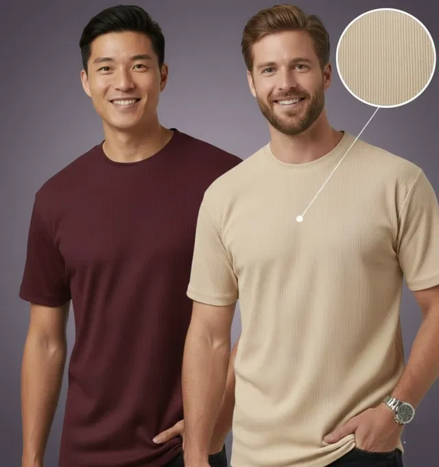 Polyester Round Neck T-shirt for Men, Multicolour, Pack of 2 (L)