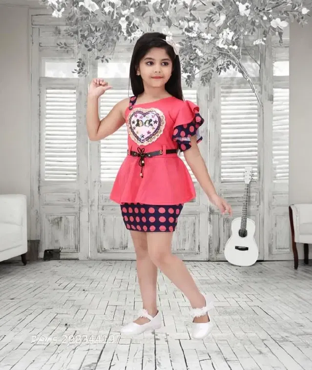 Cotton Blend Clothing Set for Girls (Pink & Navy Blue, 7-8 Years)