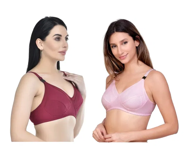 Cotton Blend Solid Non Padded Feeding Bras for Women (Multicolor, 2XL) (Pack of 2)