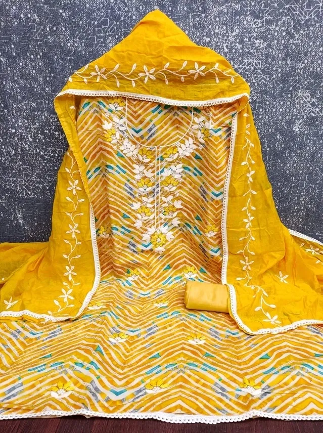 Chanderi Cotton Embroidered Unstitched Suit Fabric, Yellow