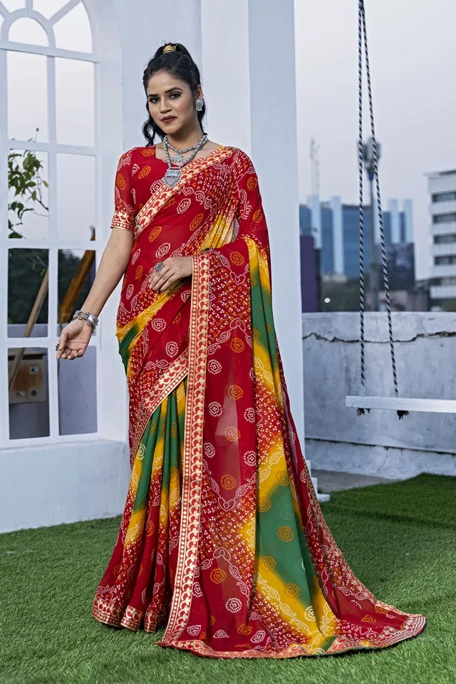 Georgette Printed Saree for Women (Red, 6.3 m)