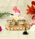 Metal Decorative Ganpati Haldi Kumkum Stand with 2 Roli Chawal Holder, Multicolor