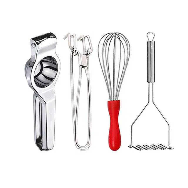 Stainless Steel Lemon Squeezer & Pakkad & Egg Whisk & Potato Masher For Kitchen (Set of 4) (OC-071)
