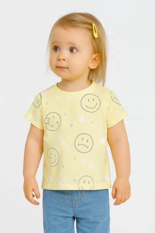 Round Neck Printed T-Shirt for Girls (Yellow, 09-10 Years)