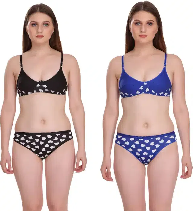 Cotton Blend Lingerie Set for Women (Black & Blue, 34) (Set of 2)