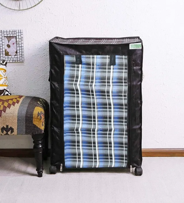 Lightweight 6 Layer PVC [Plastic] Multipurpose Organiser with Blue Checks zip cover and Rotating Wheels [DIY] Do-It-Yourself