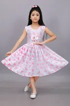 Cotton Blend Printed Frock for Girls (White & Pink, 1-2 Years)