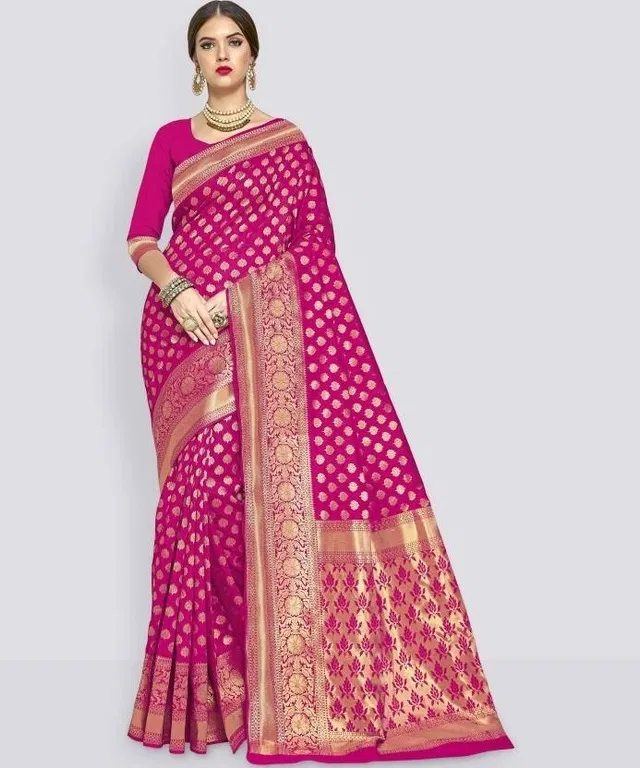 Banarasi Silk Jacquard Print Saree for Women (Pink)