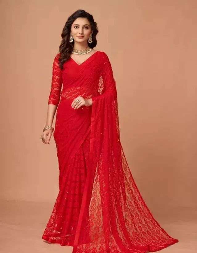 Net Solid Saree for Women (Red, 6.3 m)