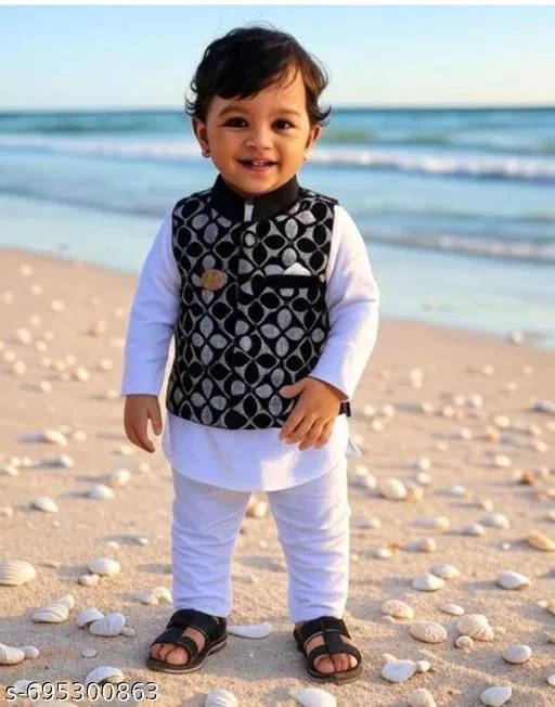 Geometric Cotton Kurta Set for Boys (White, 3-4 Years)