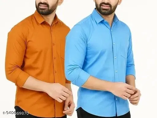 Cotton Blend Solid Shirts for Men, Orange & Blue, Pack of 2 (L)