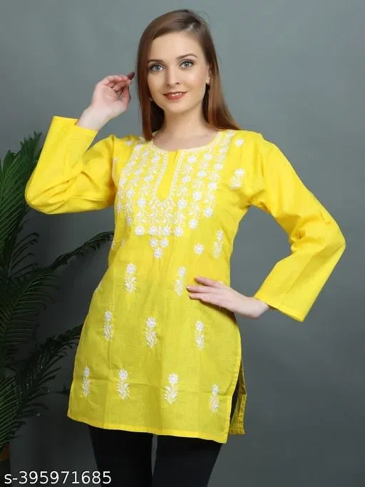 Cotton Chikankari Short Kurti for Women, Yellow (XXL)