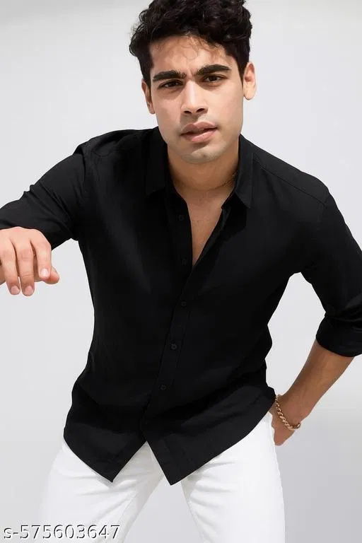 Polycotton Solid Shirts for Men, Black (M)