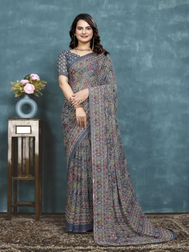 Georgette Printed Saree for Women (Grey, 6.3 m)