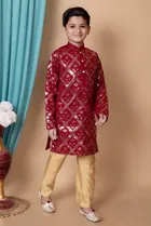 Dupion Silk Embellished Kurta with Payjama for Boys, Maroon & Golden 