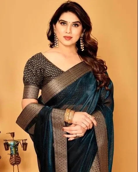 Lycra Blend Solid Saree for Women (Teal, 6.3 m)