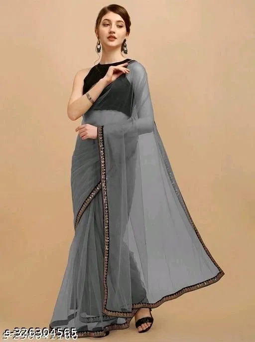 Net Embellished Saree For Women, Grey