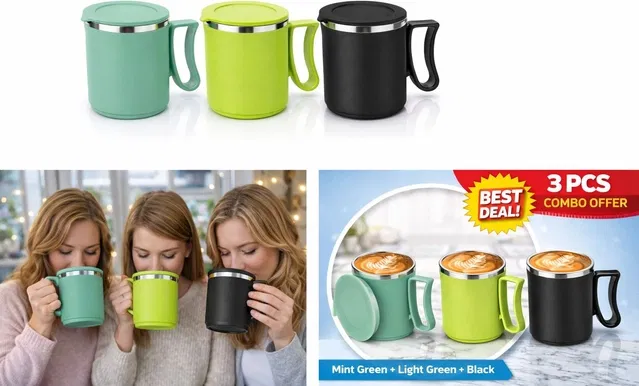 Stainless Steel Coffe Mug, Multicolour, Pack of 3 (300 ML)