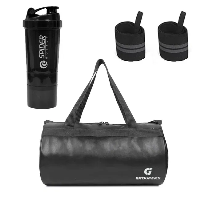 PU Leather Gym Bag with Wristband & Shaker Bottle (500 ml) for Men & Women (Multicolor, Set of 1)