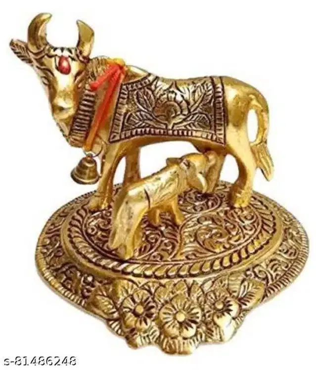 Kamdhenu Cow with Calf Statue (Gold)