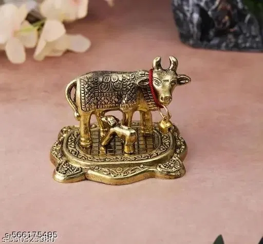 Kamdhenu Cow Murti and Calf Idol (Metal, Gold)