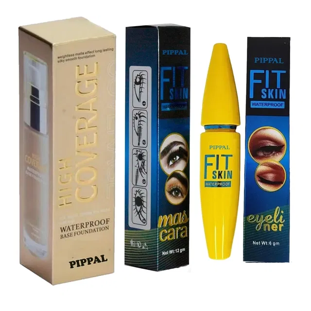 Pippal High Coverrage Waterproof Base Foundation (60 ml) with Fit Skin Waterproof Mascara (12 ml) & Eyeliner (6 ml) (Set of 3)