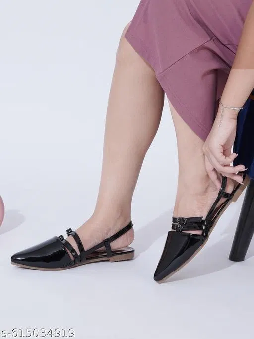 Solid Patent Leather Ballerinas for Women (Black, IND-6)