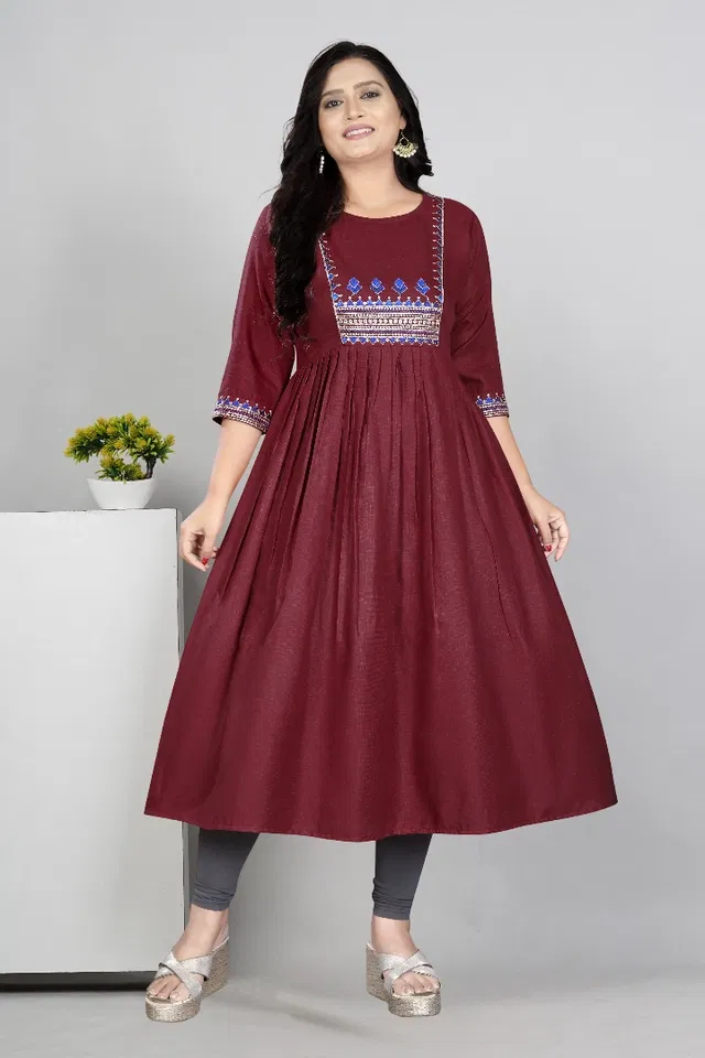 Zari Embroidered Cotton Blend Anarkali Kurti for Women (Maroon, XL)