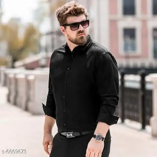 Cotton Blend Solid Full Sleeves Shirt for Men (Black, XL)