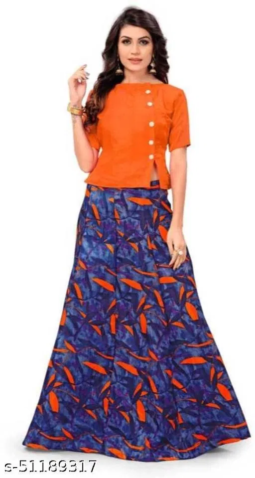 Cotton Blend Lehenga Choli for Women (Orange, Free Size)