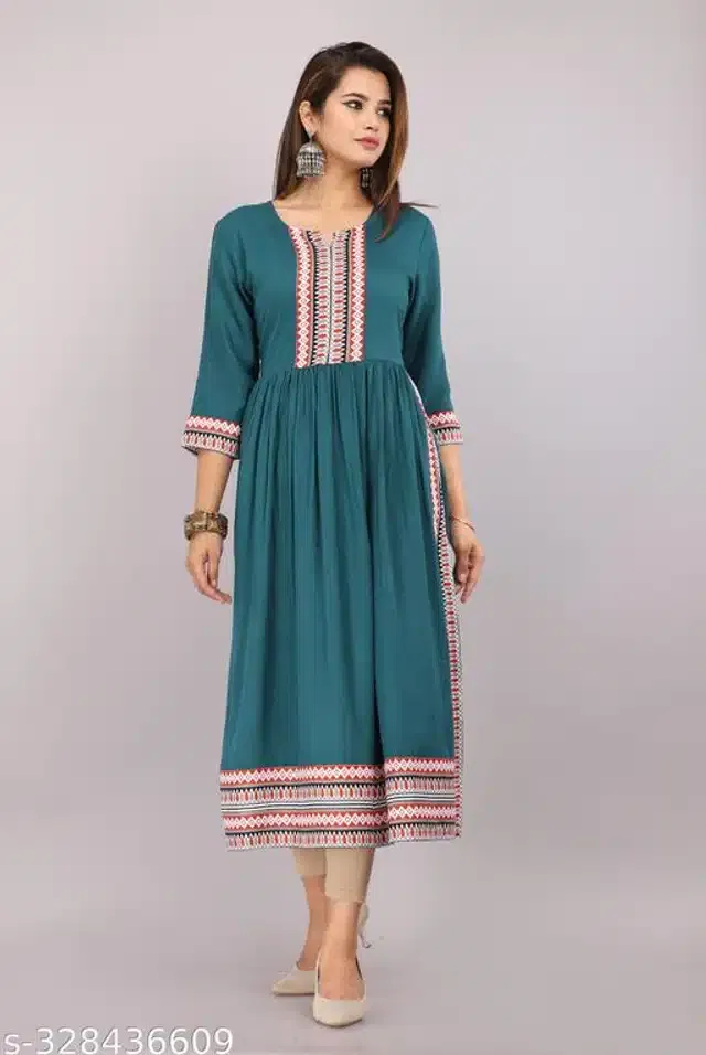 Naira Cut Rayon Embroidered Kurti for Women (Turquoise, L)