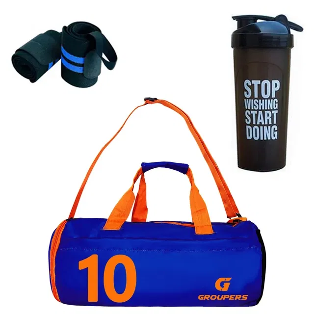Polyester Printed Gym Bag with 2 Pcs Wristband & Shaker Bottle (700 ml) for Men & Women (Multicolor, Set of 1)