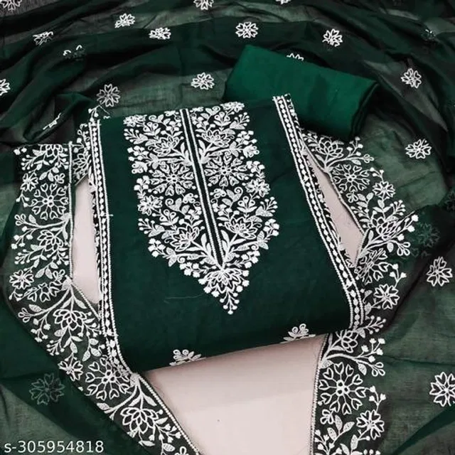 Embroidered Unstitched Suit for Women (Bottle Green, 2.25 m)