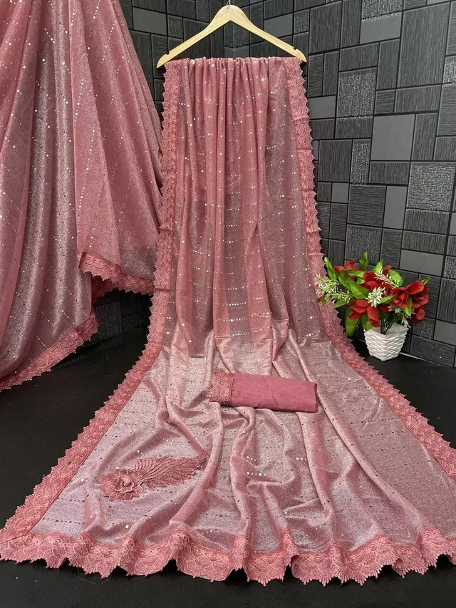Lycra Blend Solid Saree for Women, Dark Pink (6.3 m)