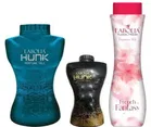 1 Green Perfume Talc (300 g) with 1 French Fantasy Fragrance Talc (400 g) & 1 Black Perfume Talc (100 g)
