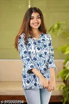 Cotton Printed Short Kurti for Women, Blue 