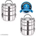 Stainless Steel 3 Layer Lunch Box (Silver, Pack of 2)