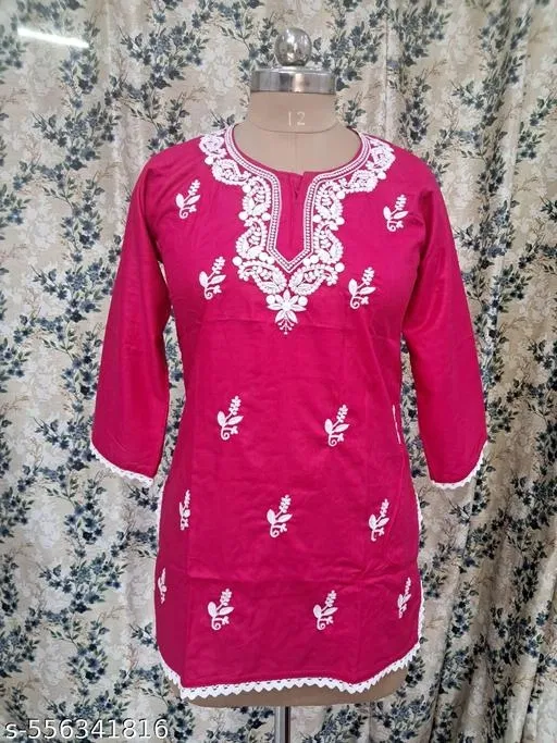 Cotton Chikankari Short Kurti for Women, Pink (M)