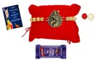 Combo of Metal Rakhi, Greeting Card, Roli  & Chocolate 