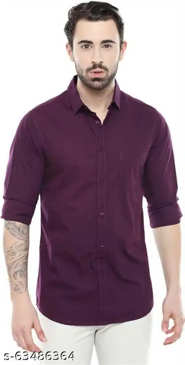 Cotton Blend Solid Full Sleeves Shirt for Men (Purple, S)