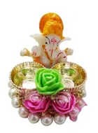 Metal Decorative Ganpati Haldi Kumkum Stand with 2 Roli Chawal Holder, Multicolor