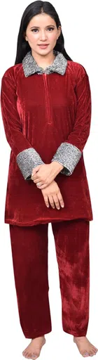 Velvet Solid Nightsuit for Women (Maroon, M)