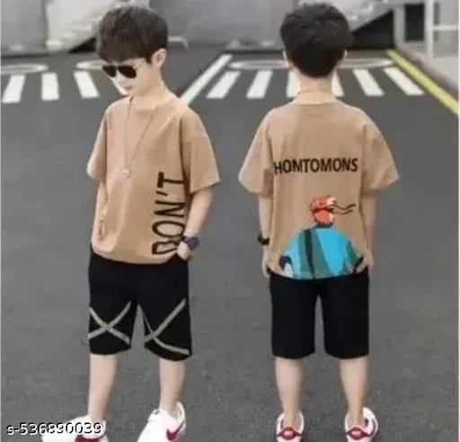 Hosiery Cotton Printed Clothing Set for Kids, Beige & Black (18-24 Months)