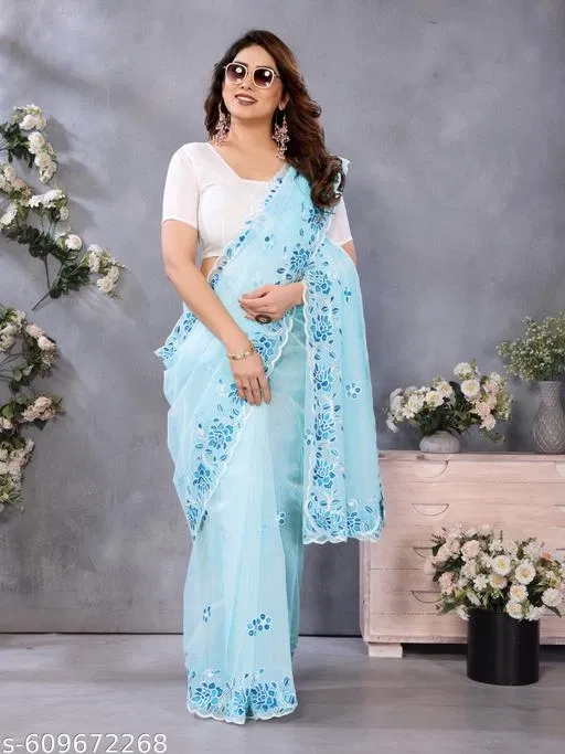 Shining Net Embroidered Saree for Women (Blue, Colour)