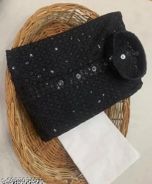 Chikankari Cotton Blend Pyjama Set for Boys (Black Top Bottom) (White, 7-8 Years)