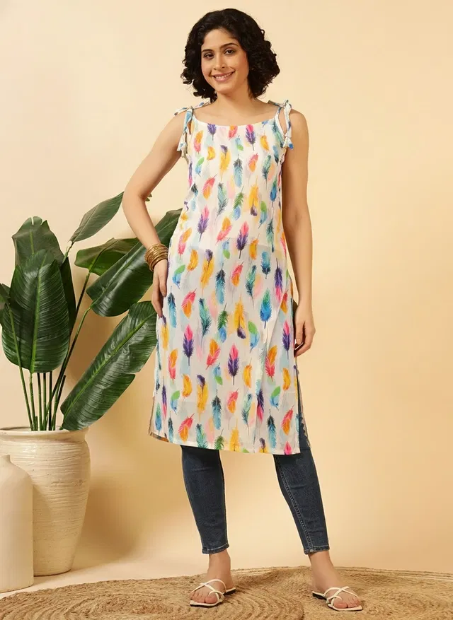 Tie Up Sleeveless Kurti for Women (White, M)