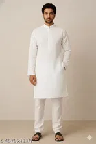 Cotton Solid Kurta Set for Men, White 