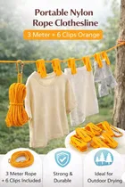 Portable Nylon Rope Clothesline 3 Meter + 6 Clips Orange