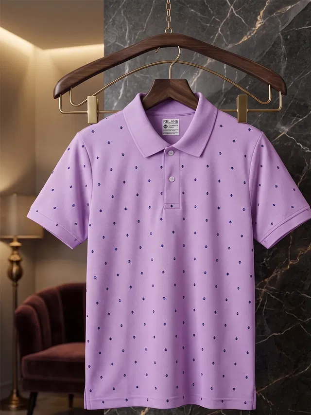 Printed Polo T-shirt for Men (Lavender, L)