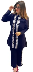 Viscose Rayon Embroidered Co-ord Set for Women (Navy Blue, S )